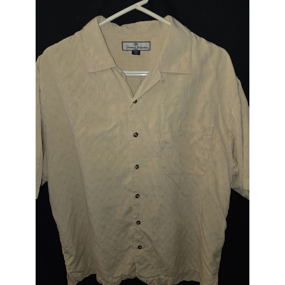 Tommy Bahama Silk Shirt Adult Large Beige Short Sleeve Button Up Hawaiian Camp‎